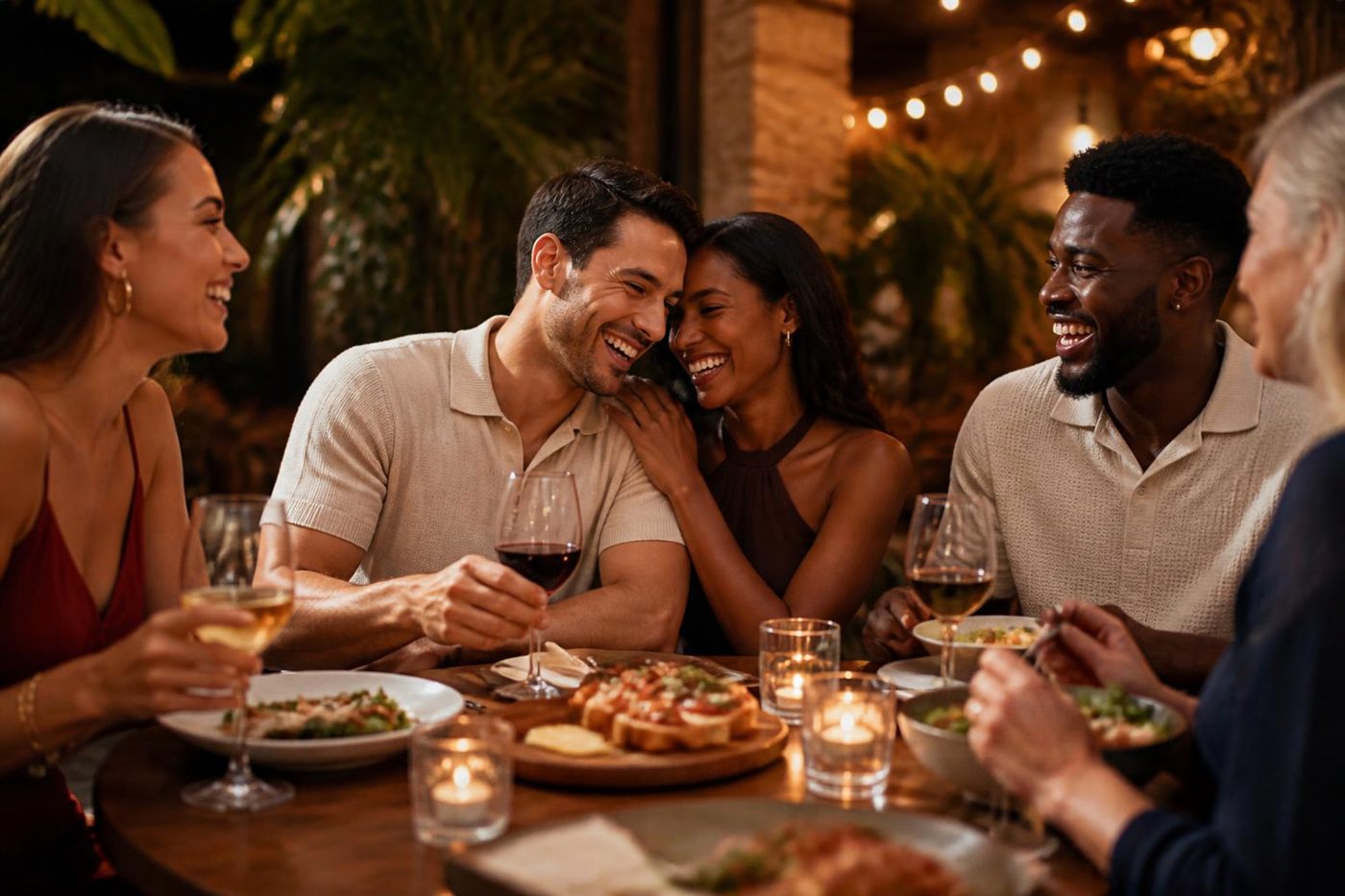 Friends and couples laughing together around a candlelit dinner table